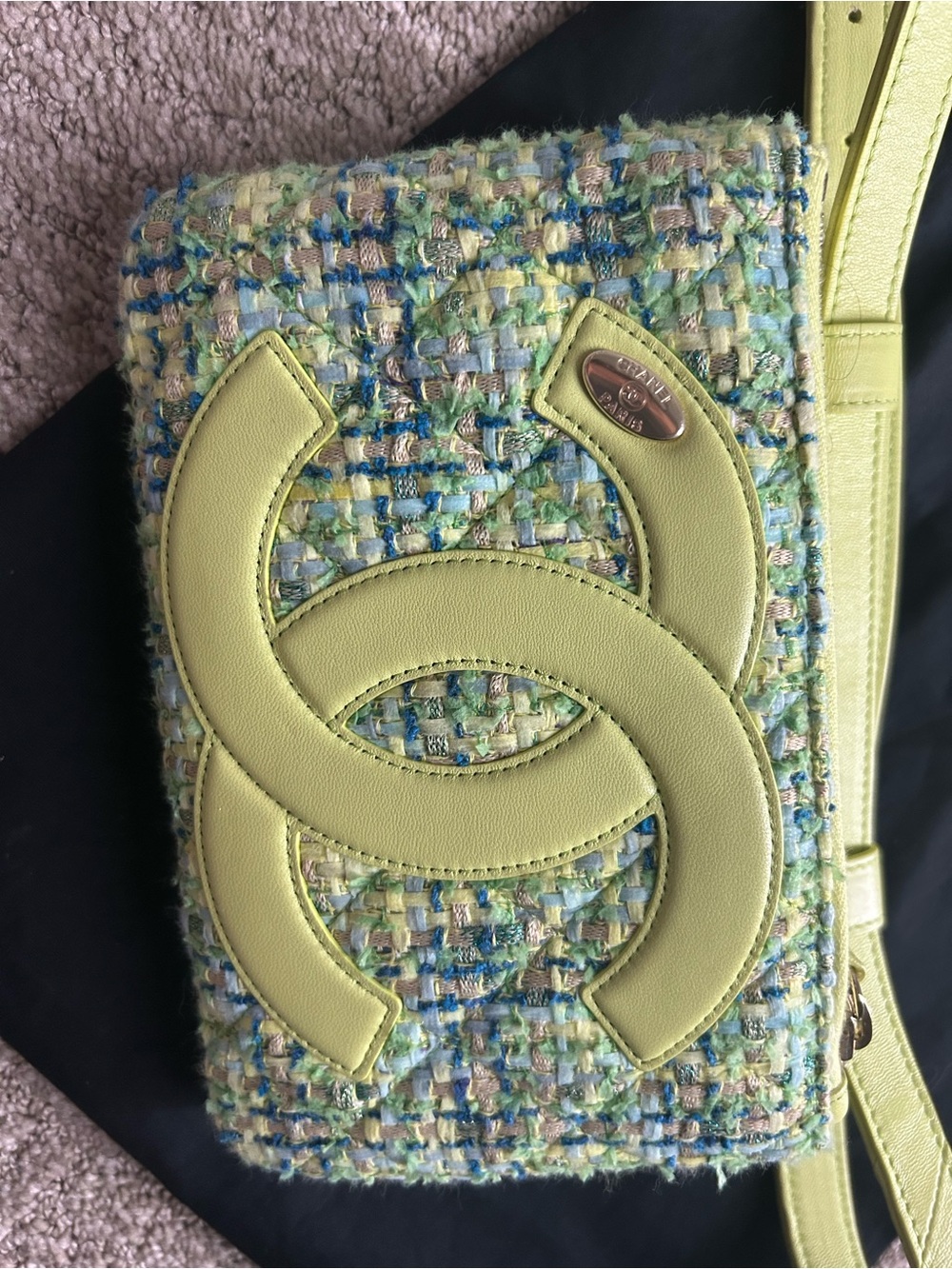 CHANEL Multicolor Pastel Tweed Crossbody with Lime Leather Trim